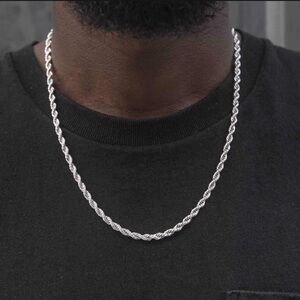 NWT 14K White Gold Men's Silver Rope Chain 20" Necklace (4mm)